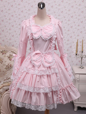 Lolita rose OP robe Hime longues manches dentelle blanche garniture arcs Déguisements Halloween