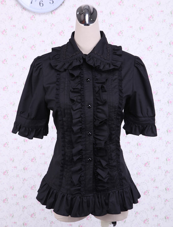 Lolita Blouse Pure Cotton Black Short Sleeves Ruffles Turndown Collar