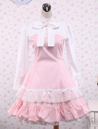 Lolitashow Algodão rosa e branco vestido laço Classic Lolita