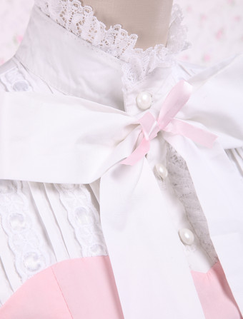 ロリータワンピース，ピンク　スタンドカラー　姫袖　刺繍レース　リボン　キュート
