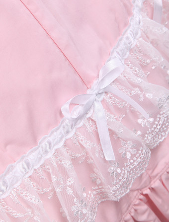 ロリータワンピース，ピンク　スタンドカラー　姫袖　刺繍レース　リボン　キュート