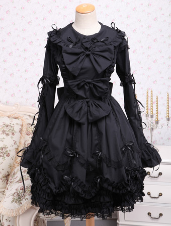 Lolitashow Elegante Gótico Negro Algodón Lolita OP Vestido Largas Mangas Encaje Lazo Volantes