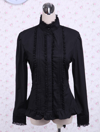 Blusa Lolitashow de algodão preto Lolita com gola em camadas de renda com babados de acabamento