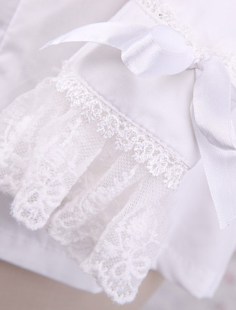 ホワイト　ロリィタブラウス　コットン　折り襟　レーストリム　長袖　ターンダウンカラー　ブラックリボン