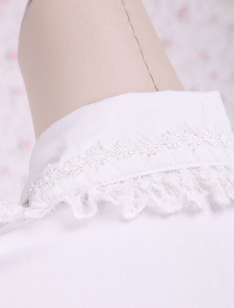 ホワイト　ロリィタブラウス　コットン　折り襟　レーストリム　長袖　ターンダウンカラー　ブラックリボン