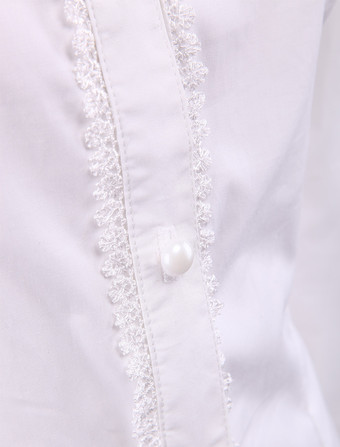 ホワイト　ロリィタブラウス　コットン　折り襟　レーストリム　長袖　ターンダウンカラー　ブラックリボン