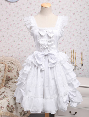 Weißes Lolita Kleid aus Baumwolle mit Schleifen und Rüschen