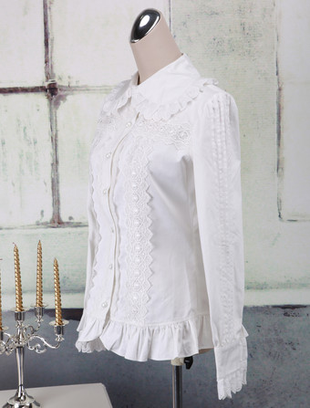 スウィート　ロリィタブラウス　長袖　コットン　フリル　レーストリム　ターンダウンカラー