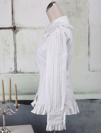 スウィート　ロリィタブラウス　長袖　コットン　フリル　レーストリム　ターンダウンカラー