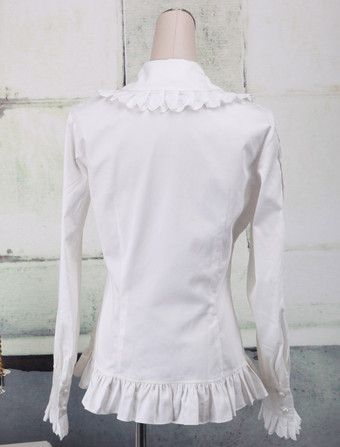スウィート　ロリィタブラウス　長袖　コットン　フリル　レーストリム　ターンダウンカラー