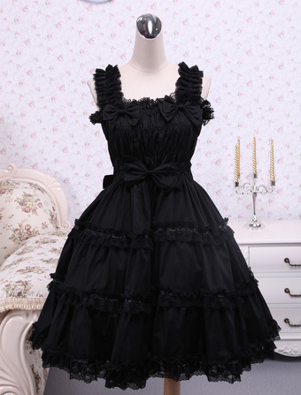Lolitashow Cotton Black Ruffle Sweet Lolita Dress