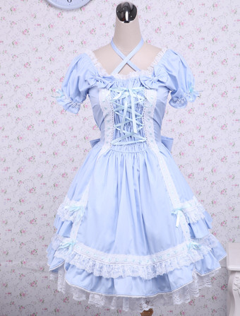 Lolitashow Algodão azul de mangas curtas laço renda algodão Lolita clássico vestido
