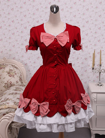 Lolitashow Cotton Red Bow Classic Lolita Dress