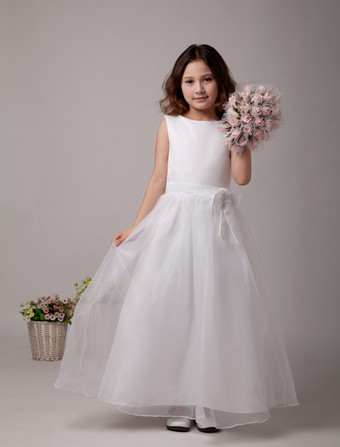 Vestidos De Menina De Flor 2024 Branca Uma Linha Crianças Arcos Sash Bateau Pescoço Tornozelo Comprimento Vestido Primeira Comunhão