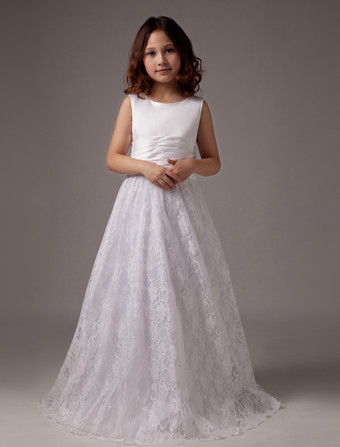 White Bow A-Line Lace Satin Flower Girl Dress 