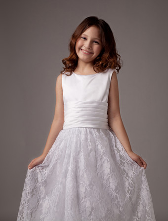 結婚式 子供ドレス フラワーガール 子供用フォーマルドレス ホワイト ウェディングパーティードレス ノースリーブ サテン Aライン キッズ フォーマル ラウンドネック 発表会 ロング丈 ファスナー リボン ウェディング