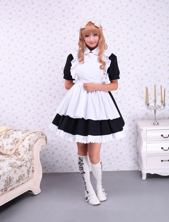 Lolitashow Cotton Black Maid Lolita OP Dress White Apron Short Sleeves