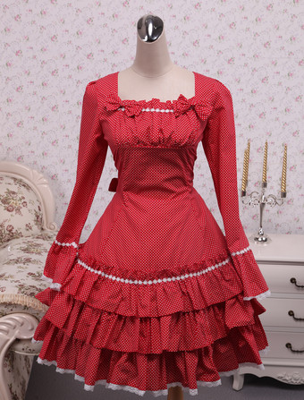 Lolitashow Cotton Red Lace Applique Cotton Lolita Dress