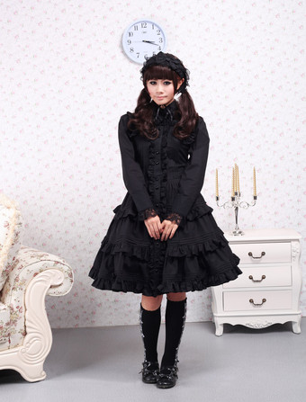 Lolitashow Pure Black Cotton Lolita One-piece Dress Long Sleeves Ruffles Lace Trim