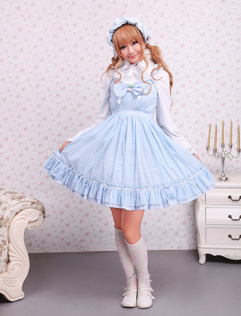 Lolitashow Cotton Blue White Gingham Check School Lolita Dress