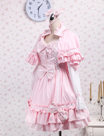 Hübsches Lolita Kleid mit Herz-Ausschnitt und langen Ärmeln im ROCOCO Stil und Rüschen in Rosa