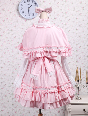 Hübsches Lolita Kleid mit Herz-Ausschnitt und langen Ärmeln im ROCOCO Stil und Rüschen in Rosa