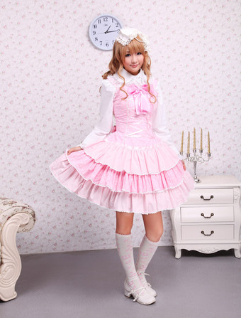 Lolitashow Cotton Pink Lace Bow Ties Front Dress Sweet Lolita