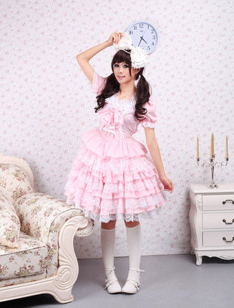Lolitashow Traje de lolita de algodón rosado con escote cuadrado de manga corta de estilo dulce 