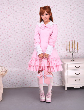 Lolitashow Falda de una pieza rosa de algodón estilo clásico de cuello vuelto con volante fruncido