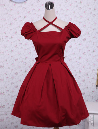 Lolitashow Cotton Red Bow Classic Lolita Dress