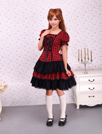 Lolitashow Cotton Red Black Gingham Loltia OP Dress Short Sleeves Lace Up