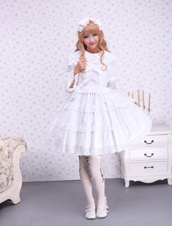 Lolitashow Pure White Lolita One-piece Dress Long Sleeves Layered Lace Trim