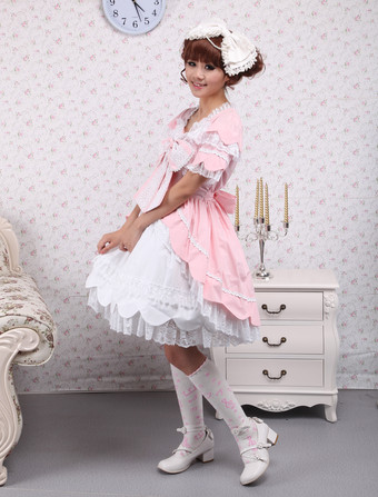 Lolitashow Pink Short Sleeves Bow Ruffles Sweet Cotton Lolita Dress
