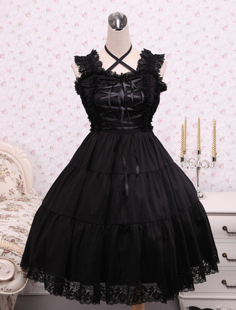 Lolitashow Pure Black Cotton Lolita Jumper Skirt Lace Trim Lace Up Waist Belt