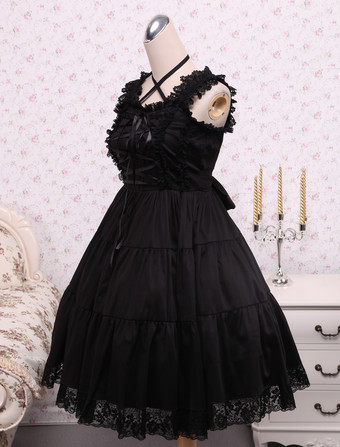   ピュア　ブラック　コットン　ゴスロリ　ジャンパースカート　レース　トリム　レースアップ　ウェストベルトアイドル衣装