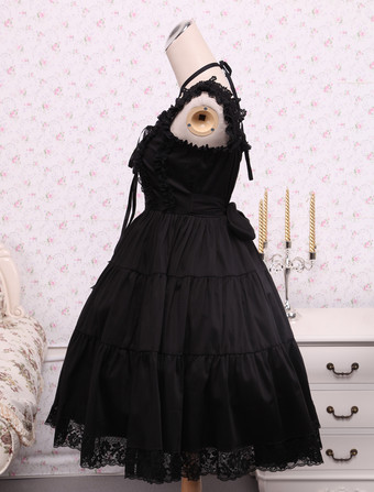   ピュア　ブラック　コットン　ゴスロリ　ジャンパースカート　レース　トリム　レースアップ　ウェストベルトアイドル衣装