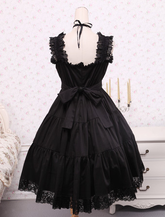   ピュア　ブラック　コットン　ゴスロリ　ジャンパースカート　レース　トリム　レースアップ　ウェストベルトアイドル衣装