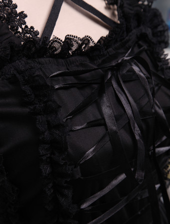   ピュア　ブラック　コットン　ゴスロリ　ジャンパースカート　レース　トリム　レースアップ　ウェストベルトアイドル衣装