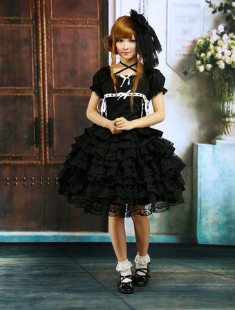 Lolitashow Black Lolita OP Dress Short Sleeves with Ruffles and Lace Trims