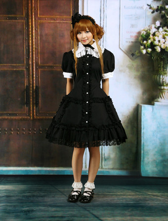 Lolitashow Cotton Black Short Sleeves Lace Cosplay Lolita Dress
