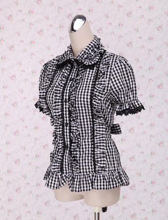 ロリィタブラウス　ホワイト＆ブラック　ギンガム　半袖　レーストリム　フリル