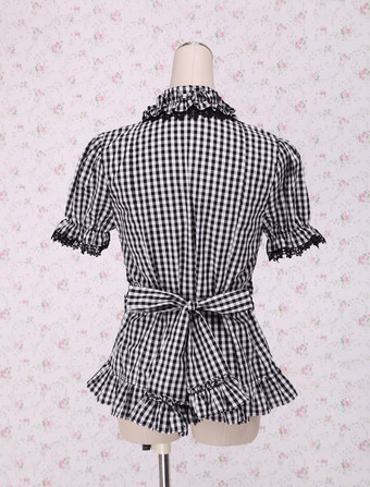 ロリィタブラウス　ホワイト＆ブラック　ギンガム　半袖　レーストリム　フリル