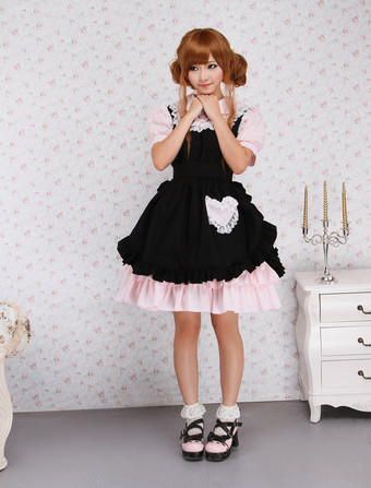 Lolitashow Cotton Pink And Black Lace Ruffles Punk Lolita Dress