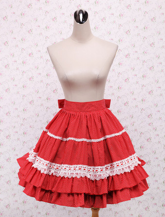 ロリータスカート　甘ロリ　ロリィタ　レッド　水玉模様　レース　スィート　コットン　ティアド　お茶会　イベント　デート　入学式　卒業式