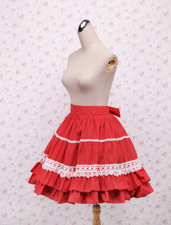 Lolitashow Falda roja de lolita de algodón y de encaje de estilo clásico