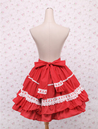 ロリータスカート　甘ロリ　ロリィタ　レッド　水玉模様　レース　スィート　コットン　ティアド　お茶会　イベント　デート　入学式　卒業式