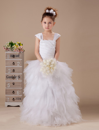 Quadrado-line branco drapeado Cap manga vestido da menina de flor