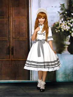 Lolitashow Beige White Cotton Sweet Lolita Dress