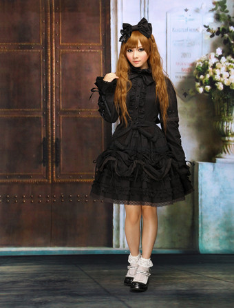 Lolitashow Pure Black Cotton Lolita One-piece Dress Long Sleeves Lace Up Lace Trim Bows