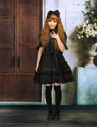 Gothic Lolita Dress OP Black Short Sleeves Shirring Lace Up